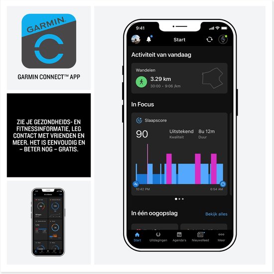Garmin Connect app op smartphone met activiteit van vandaag, slaapscore en 'In Focus' sectie. Garmin logo.