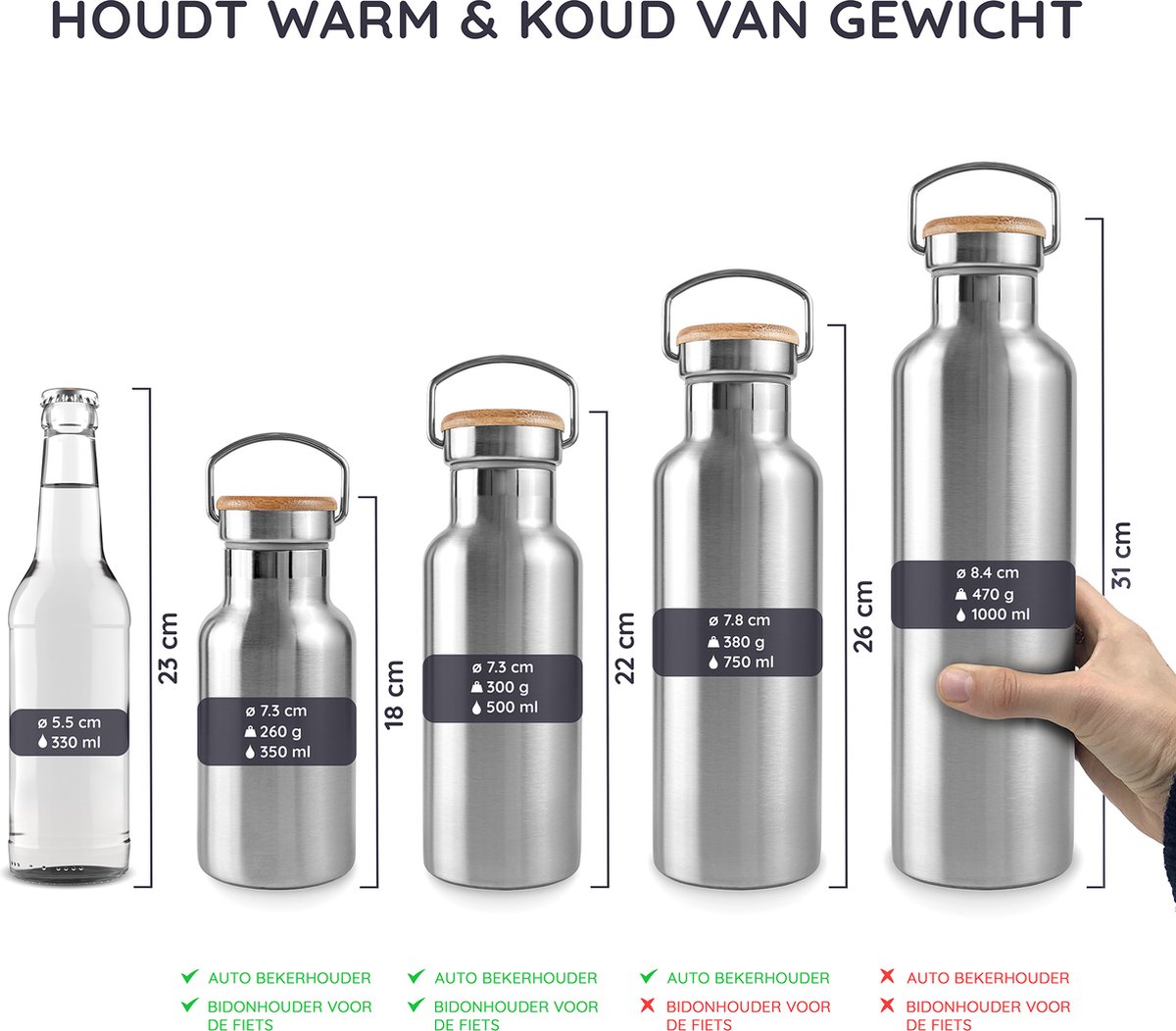 Bambaw® 1 Liter RVS Thermosfles - Isoleerfles, Dubbelwandig, Lekvrijen, loodvrij en Plasticvrij Geïsoleerde Fles met Bamboe Deksel voor Warme en Koude Dranken - Ideaal voor Reizen, Werk, Yoga, Wandelen en Dagelijks Gebruik - zilver — cadeau in Sport & Outdoor - foto 5