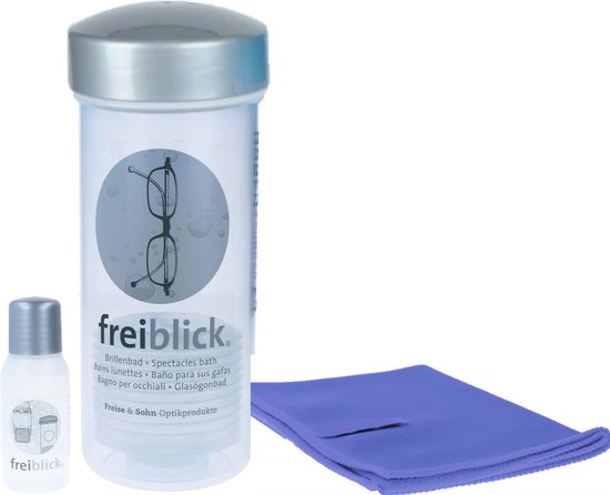 Freiblick brillenbad set met 50 ml reiniger, een groot transparant bad en paars microvezeldoekje.