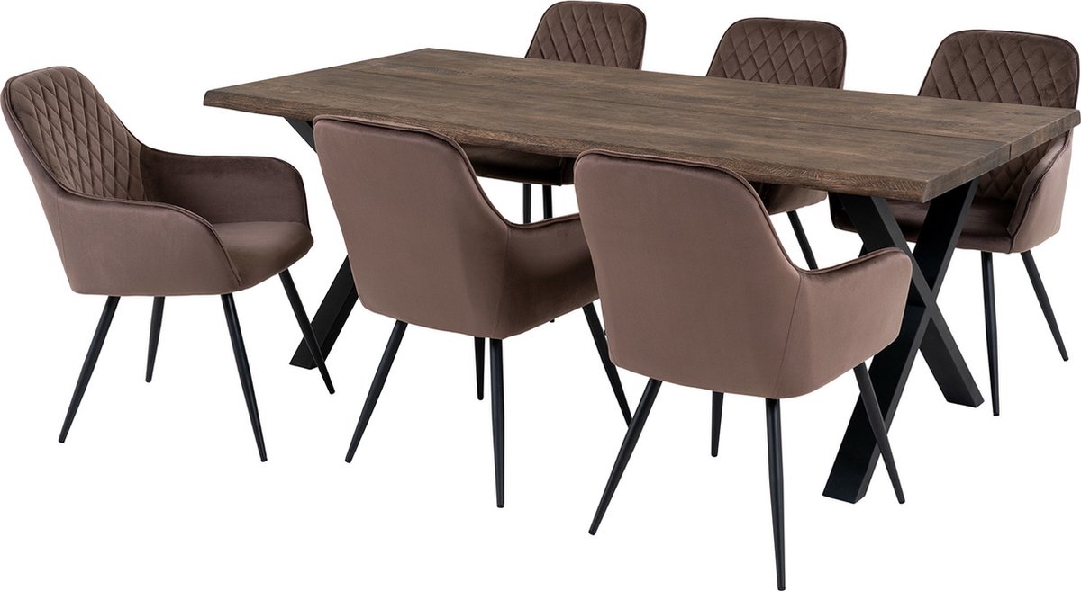 House Nordic Eetkamerset Toulon - Tafel met 6 Stoelen - Velvet/Metaal Naturel