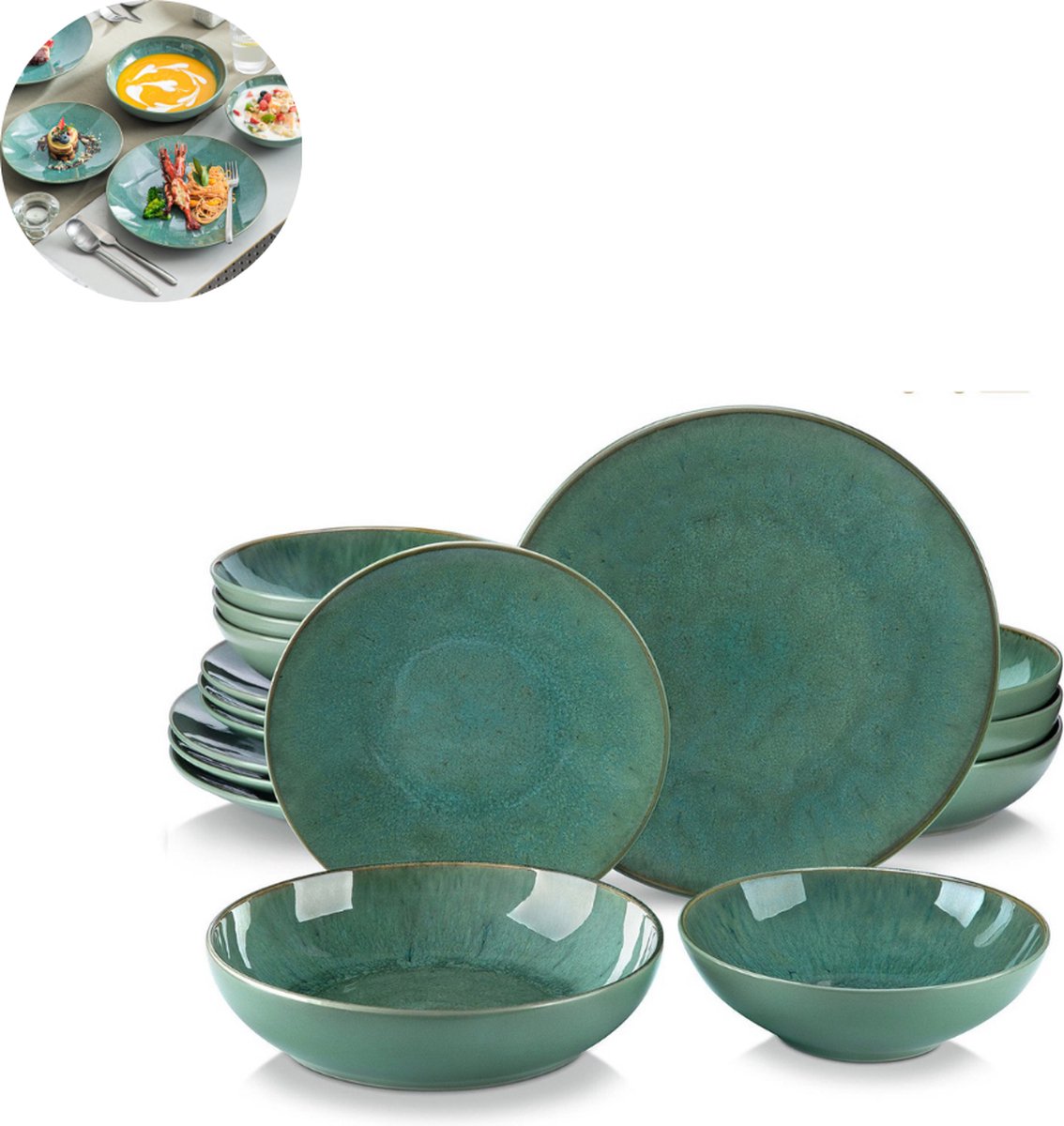 LBB luxe serviesset – 32 delig – 8 persoons – Porselein - Bordenset – Dinner platen – Dessertborden - Kommen - Set - Groen