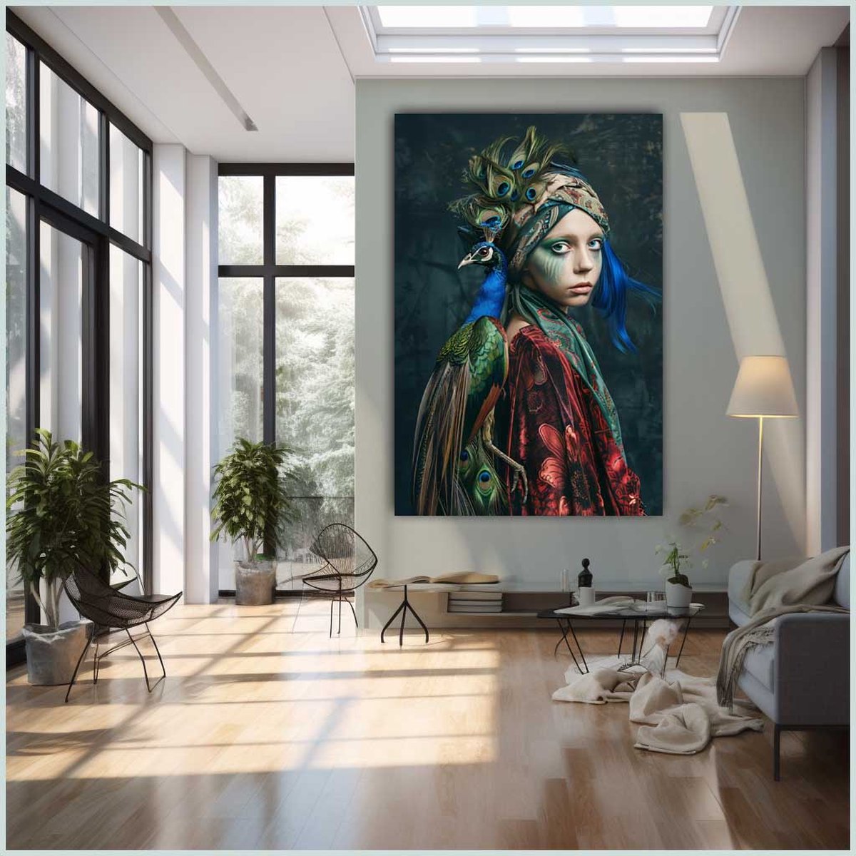 Canvas schilderij - Canvas - Staand - 50 x 70 cm - Portret - Mens - Pauw - Modern - Wanddecoratie - Muurdecoratie woonkamer - Uniek - Exclusief -Picturetopicture