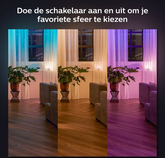 Drie verschillende sferen in een woonkamer, verlicht met blauw, oranje en paars licht.