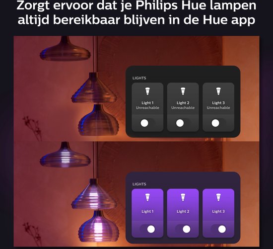 Twee weergaven van de Philips Hue app: een met niet-bereikbare lampen, een met bereikbare lampen.