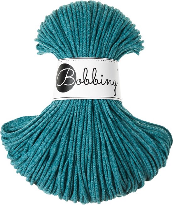 Bobbiny Junior turquoise koord, 3mm dik, met etiket.