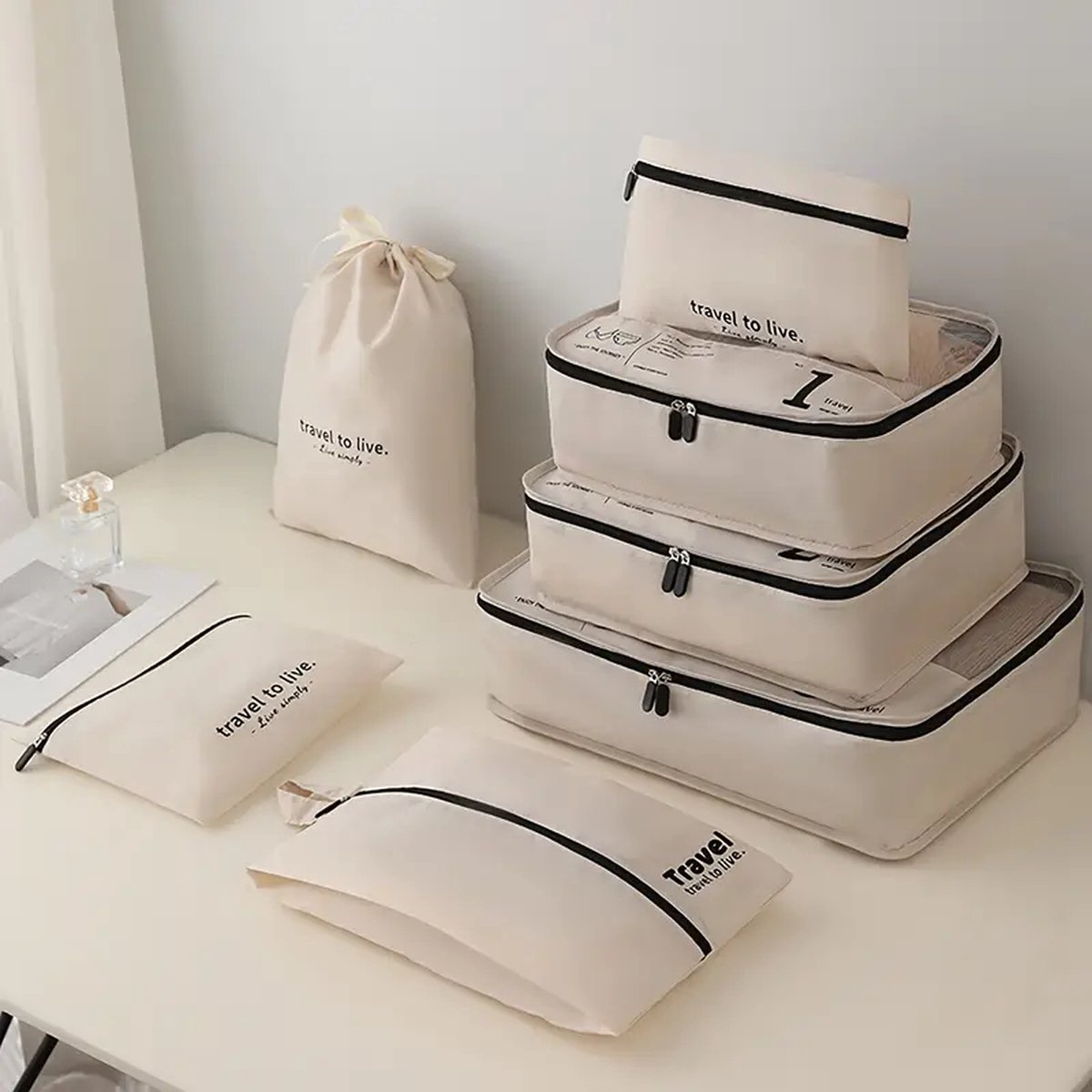 Packing Cubes Set 7-Delig - koffer organizer set - koffer organizer - Kleding organizer voor koffers, tassen en backpack - Beige-zwart