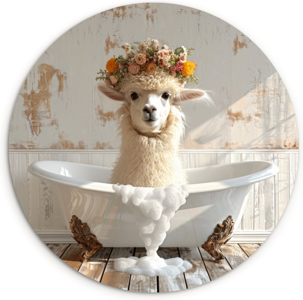 WallCircle Wandcirkel 60x60 cm - Muurcirkel Vintage - Alpaca - Badkuip - Bloemen - Dieren - Grappig - Badkamer - Muurdecoratie woonkamer - Wanddecoratie slaapkamer - Kamer decoratie accessoires - Ronde schilderijen - Muuraccessoires
