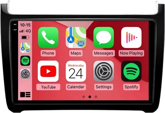 Een autoradio-touchscreen met apps zoals Telefoon, Kaarten, Berichten, Nu luisteren, YouTube, Agenda, Instellingen en Spotify.