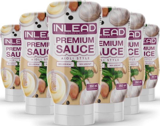 Foto: Inlead nutrition snacks premium sauce aioli style 6 x 350ml saus suikervrij sugar free vet vrij fat free gluten vrij lactose vrij vegan