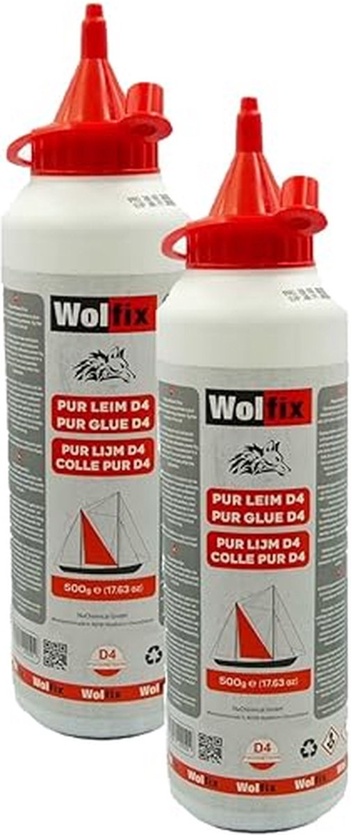 2 Stuks - Wolfix Houtlijm, waterdicht, D4, 2 stuks, 500 g, secondelijm, extra sterk voor hout, metaal en PUR, pvc-lijm, montagelijm, knutsellijm en vloeibare lijm, sneldrogende houtplamuurmassa