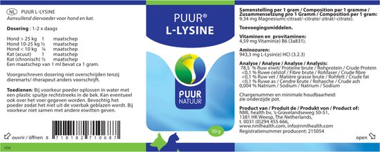 Foto: Puur l lysine compleet voor hond en kat 1 st 50 gr