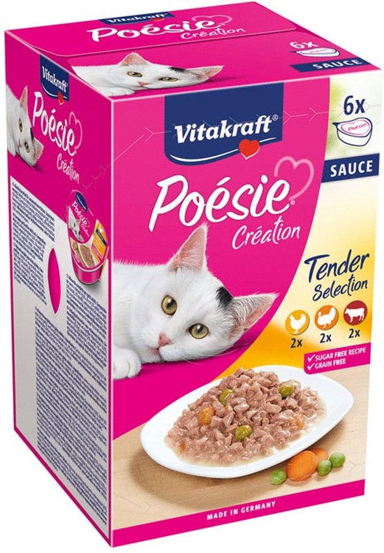 Vitakraft Poésie multipack saus - natvoer - 6x85 gram - met kip & groente in saus, rund & wortel in saus en kalkoen in kaassaus
