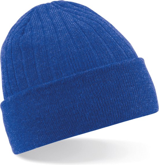 Koningsblauwe beanie met ribbelstructuur en dubbel dikke stof.