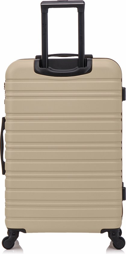 Achterkant van een beige koffer met horizontale lijnen, TSA-slot en uittrekbare handgreep.