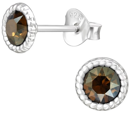 Joie|S - Boucles d'oreilles rondes argentées - cristal bronze marron - 6 mm - boucles d'oreilles clous - argent sterling 925 - bord boule argenté