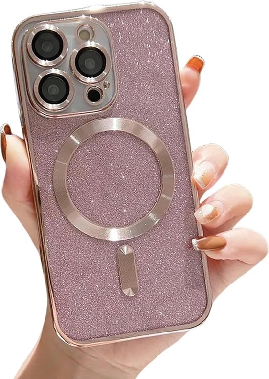 Roze glitter telefoonhoesje met MagSafe ring, in de hand.