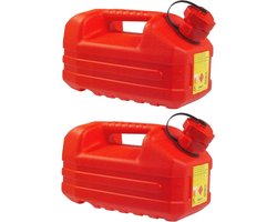 EDA Kunststof jerrycan - 2x stuks - rood - L36 x B18 x H18 cm - 5 liter - geschikt voor brandstoffen