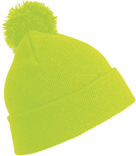 Fluor gele gebreide muts met pompon.