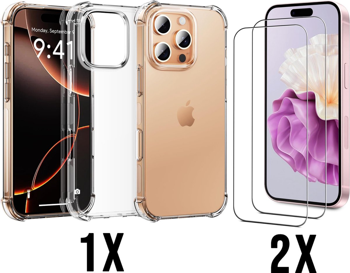 Casemania Hoesje en Glas Geschikt voor Apple iPhone 16 Pro - Transparant - Anti Shock Back Cover / 2x Glazen Screenprotector