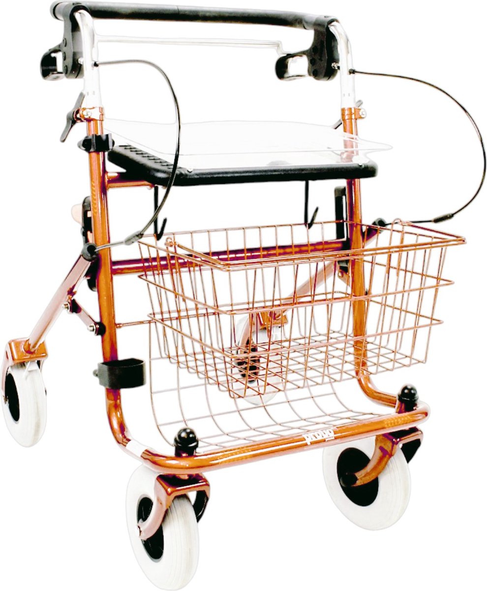 Goedkoopste Premis Provo Rollator 2e generatie - Duwstang met beugel-loop-rem onder - Incl mand, stokhouder en dienblad - Metallic Oranje