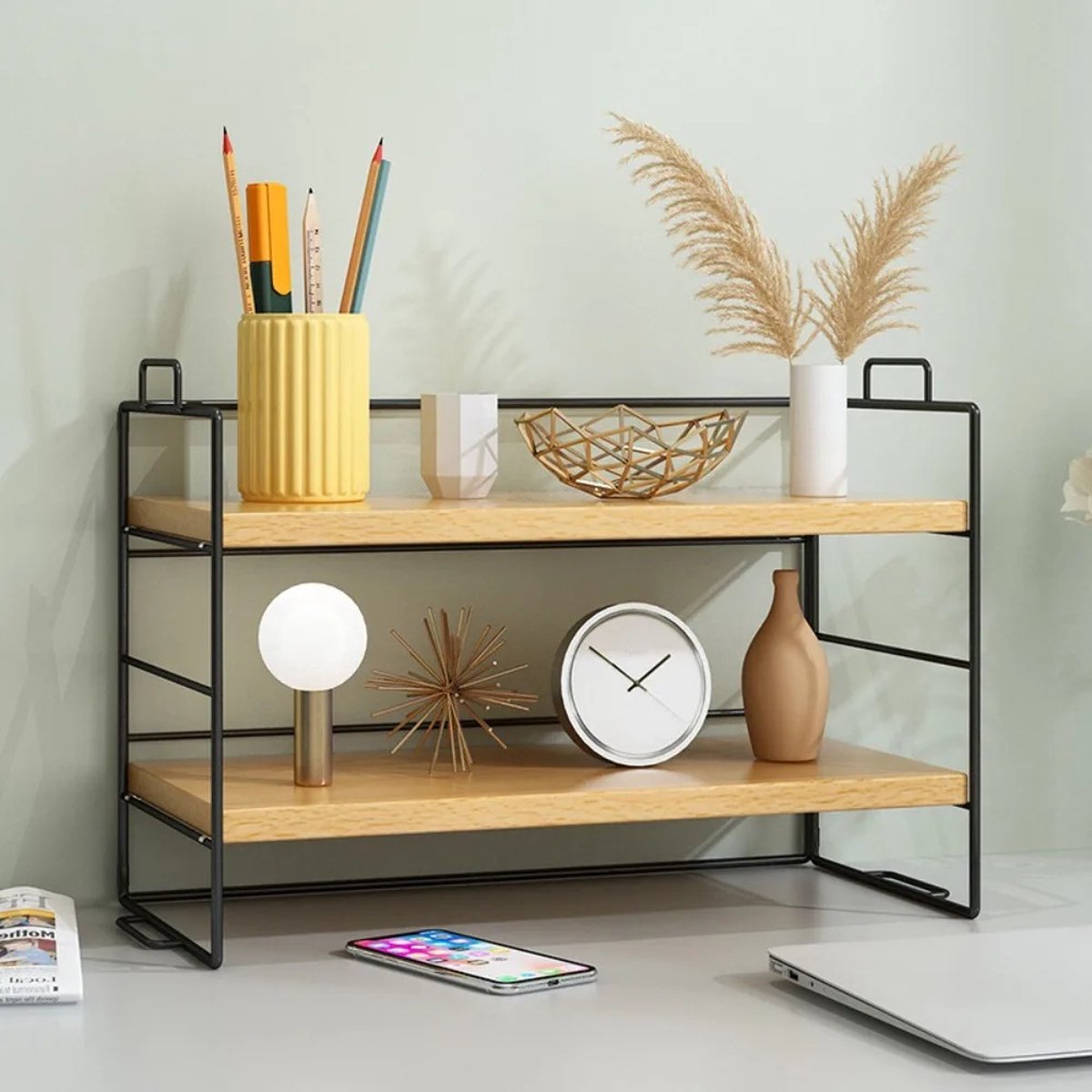 Mygroot - Bureauplanken organizer - Multifunctioneel - Houten modern design - Kruidenrek verstelbaar - Stapelbaar vrijstaand display - Opbergrek - Compartimenten voor thuiskantoor en school - 2-laags - zwart - hout