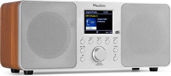 Zilverkleurige radio met houten zijkanten, display toont 'Digital Radio' en artiestinformatie.