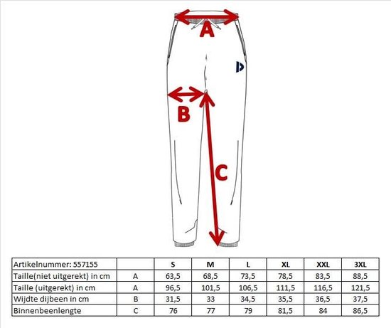 Maattabel voor een joggingbroek met maten A, B en C in centimeters.