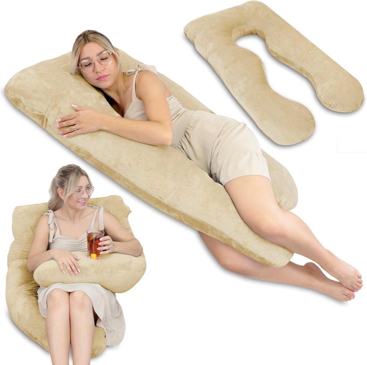 Goedkoopste Voedingskussen XXL - Zijslaper kussen zwangerschap - Groot comfortkussen - U-vorm positioneringskussen - Afneembare hoes - 135 cm - Beige zwangerschapskussen hoes xxl