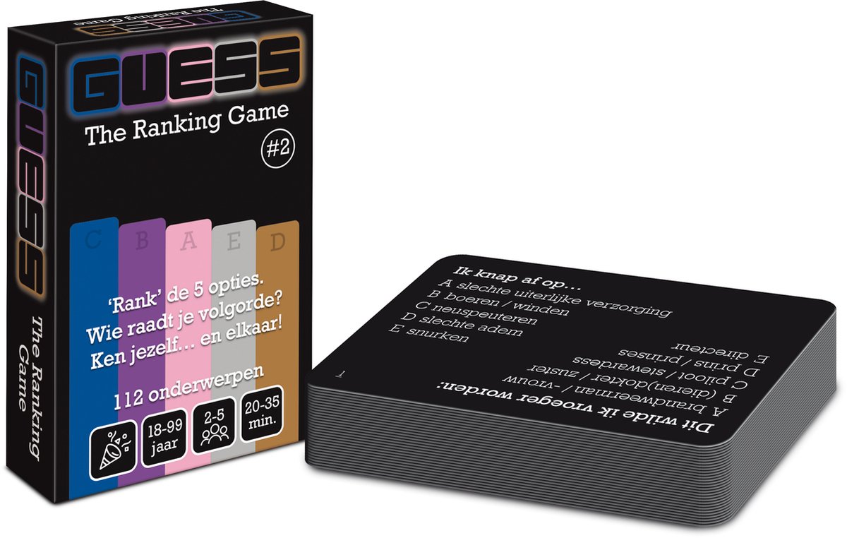 GUESS The Ranking Game #2 - Kaartspel - pocketformaat partyspel / vragenspel / raadspel - gespreksstarter in spelvorm - scoor door iemands 'ranking' te raden - 112 onderwerpen - 2-5 spelers - voor groepen vrienden OF tijdens je date!