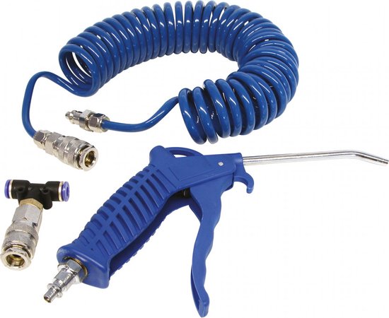 Carpoint Blaaspistool Set – 3-Delig – 5m Spiraalslang – 120mm Mondstuk – 10 Bar – Met Snelkoppeling & T-Stuk