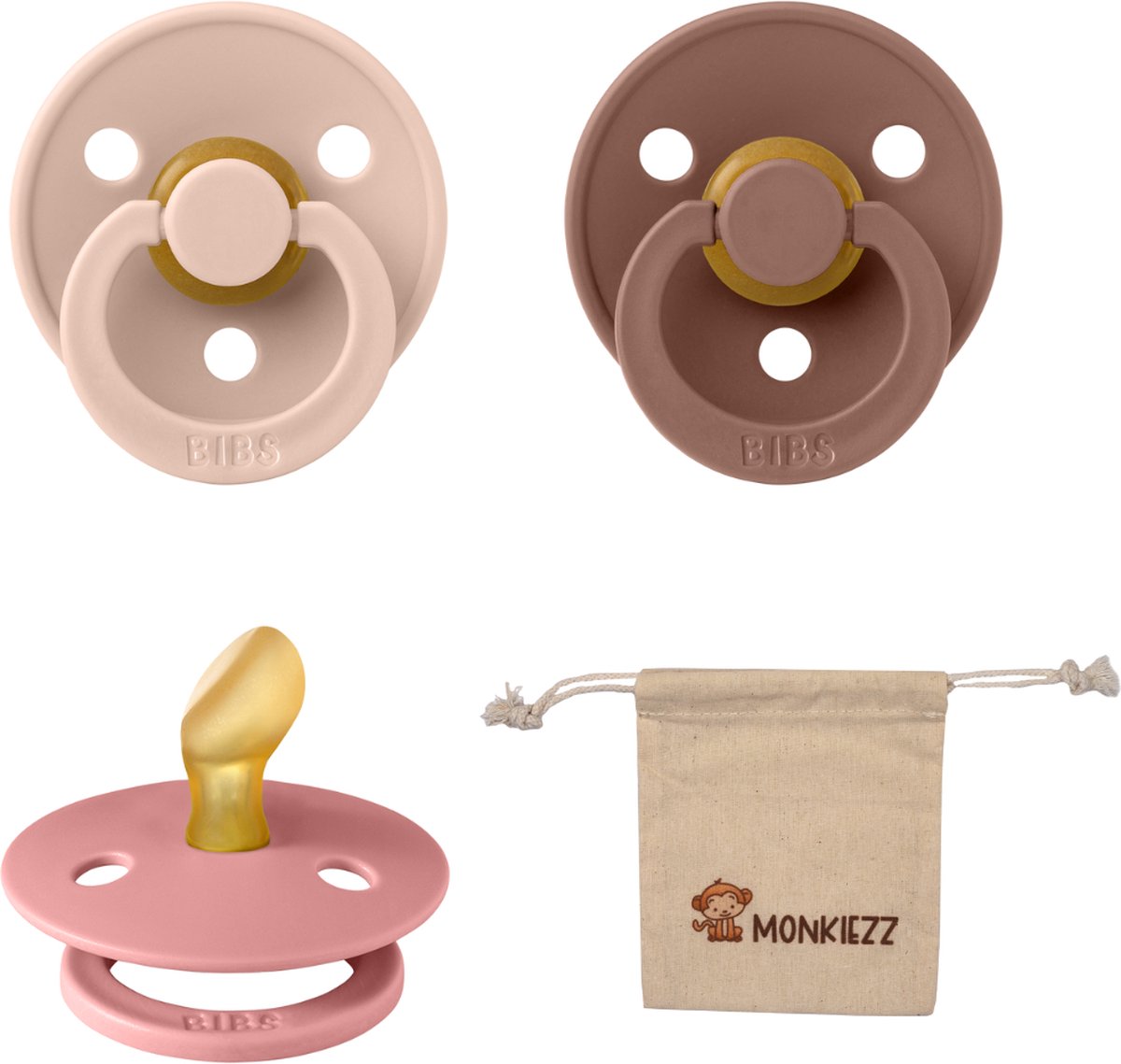 Goedkoopste Bibs Dental fopspenen Anatomical 0-6 maanden- Set 3 stuks- Blush, Dusty Pink, Woodchuck Monkiezz speenzakje - orthodontisch- Anatomisch- Maat 1