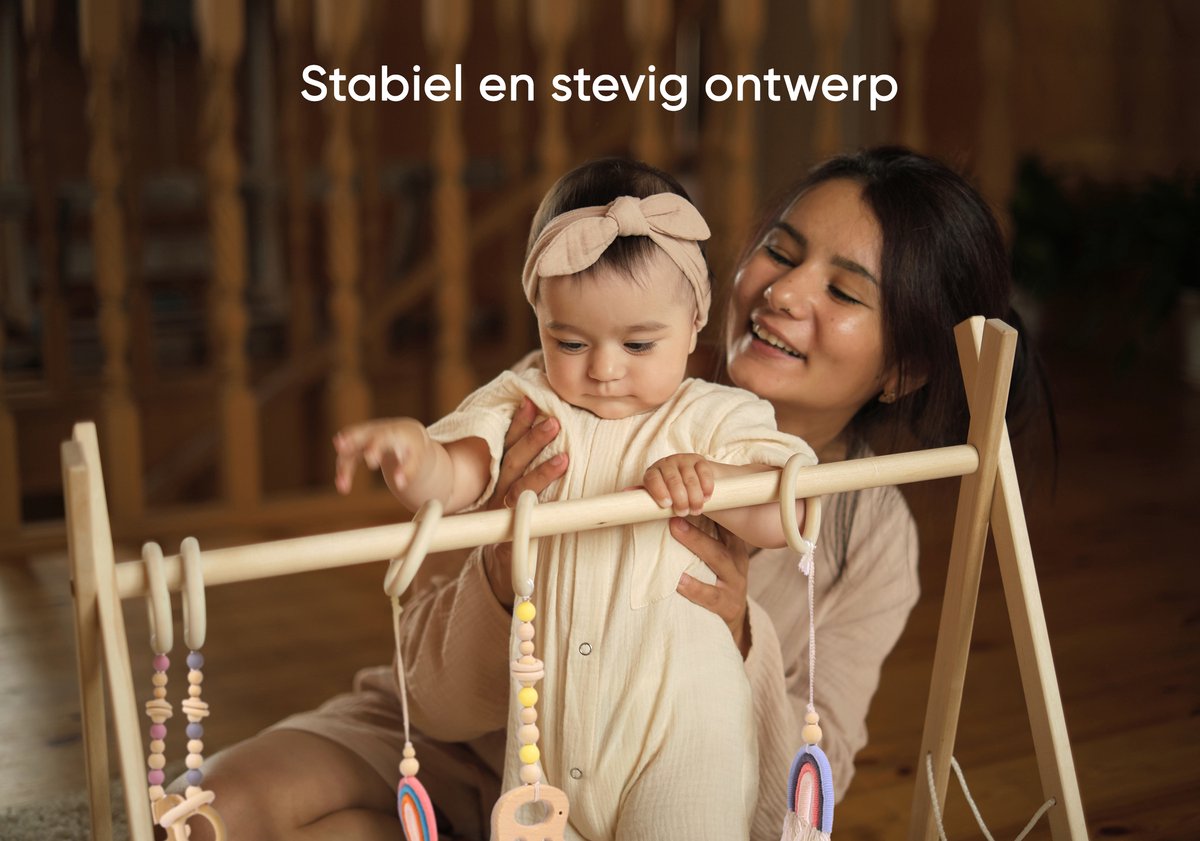 babygym hout incl. 5 speeltjes + dubbelzijdige speelmat – houten Speelboog Baby – Stevige constructie & inklapbaar — afbeelding 3
