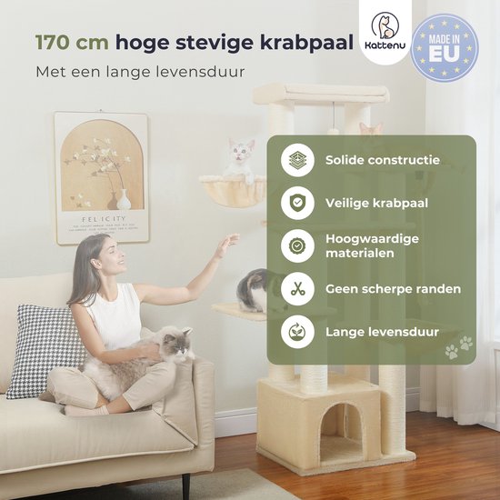 Een beige krabpaal met een vrouw die een kat vasthoudt, met tekst over "solide constructie" en "hoge kwaliteit materialen".