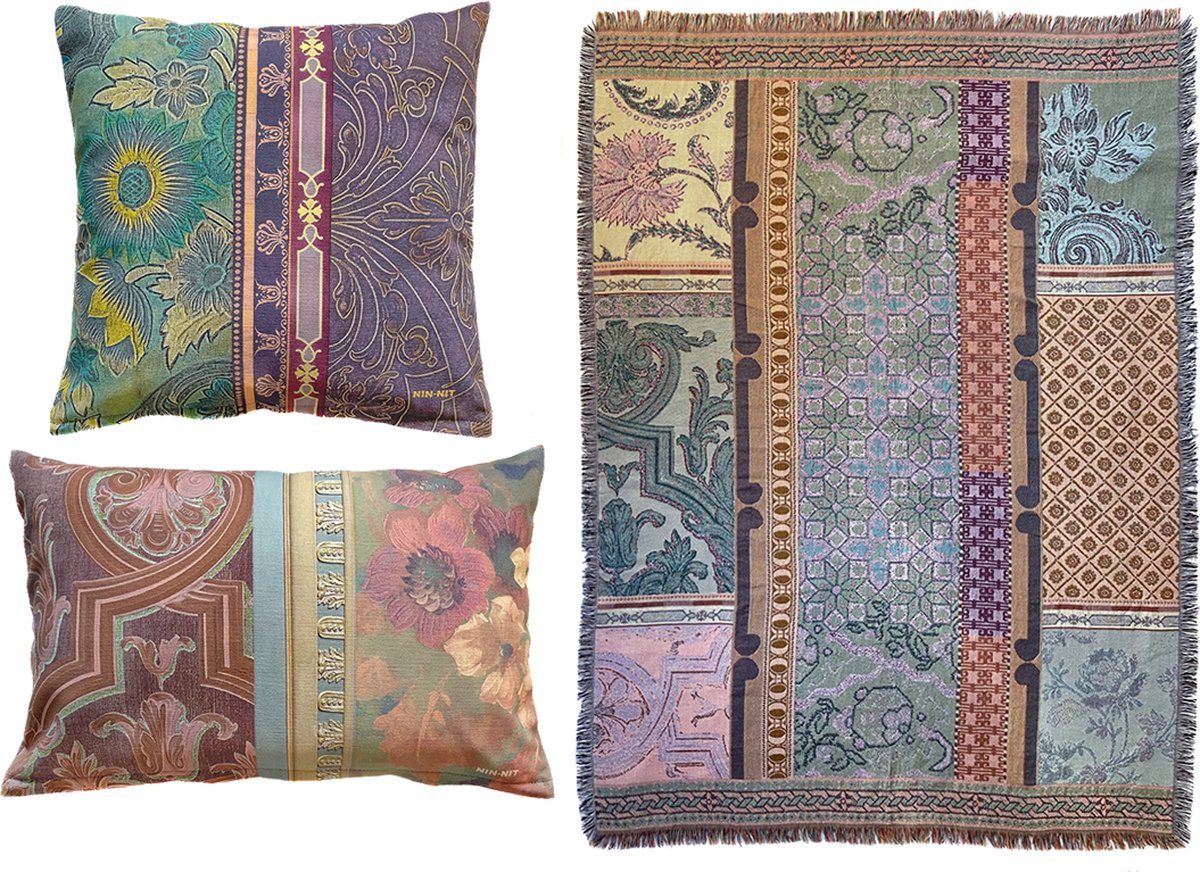 NIN-NIT - Paleis Het Loo kussens en plaid - set van 2 sierkussens en een geweven deken - plaid - sprei - velvet - 100% geweven katoen - roze - blauw - groen - paars - beige - lila - multicolor