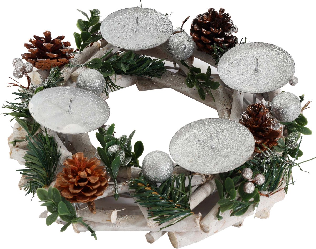 Adventskrans MCW-M12, adventsarrangement tafelkrans kerstdecoratie tafeldecoratie hout zilver wit Ø 30cm ~ zonder kaarsen