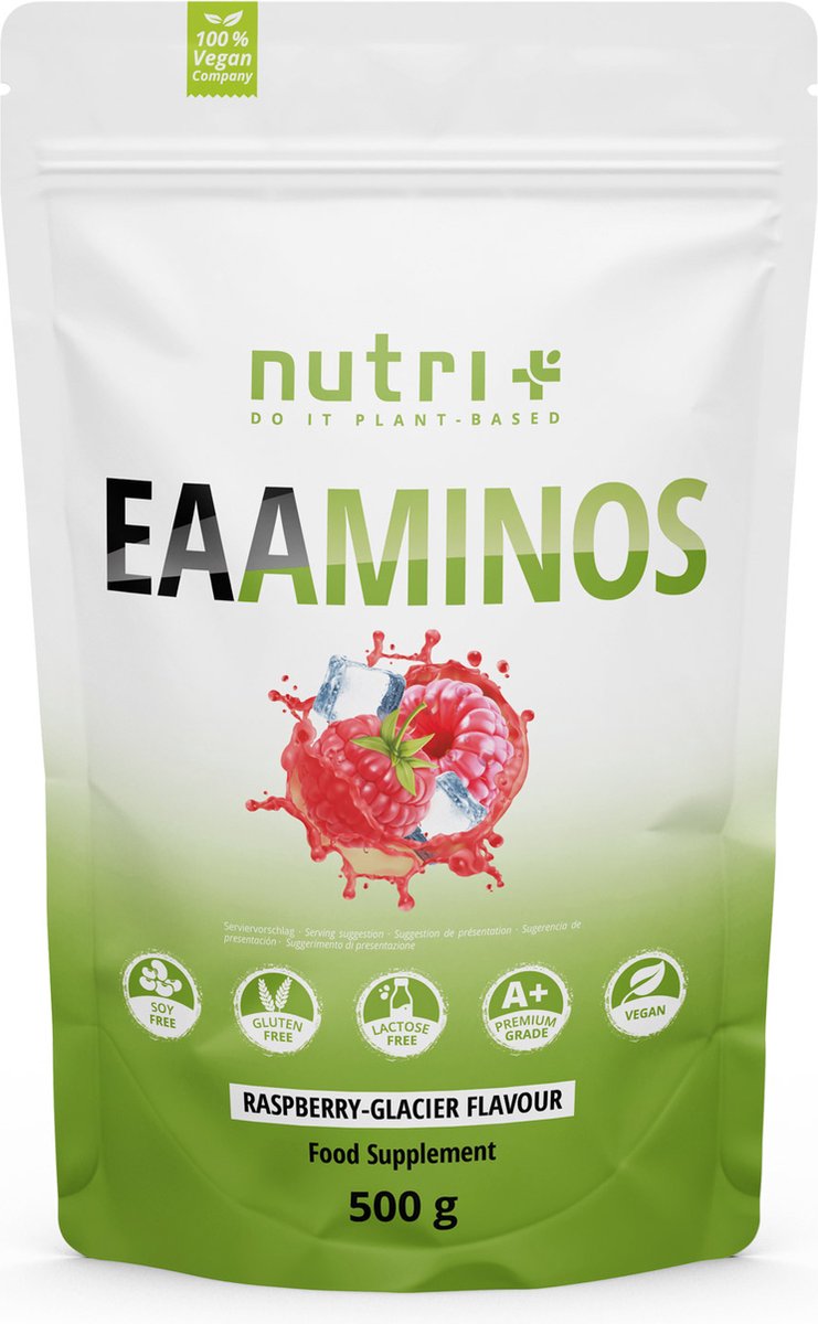 Goedkoopste nutri EAA Poeder Raspberry Glacier - Hoogste Dose - EAA Essential Aminos veganistisch poeder - Essentiële aminozuren - 500 g