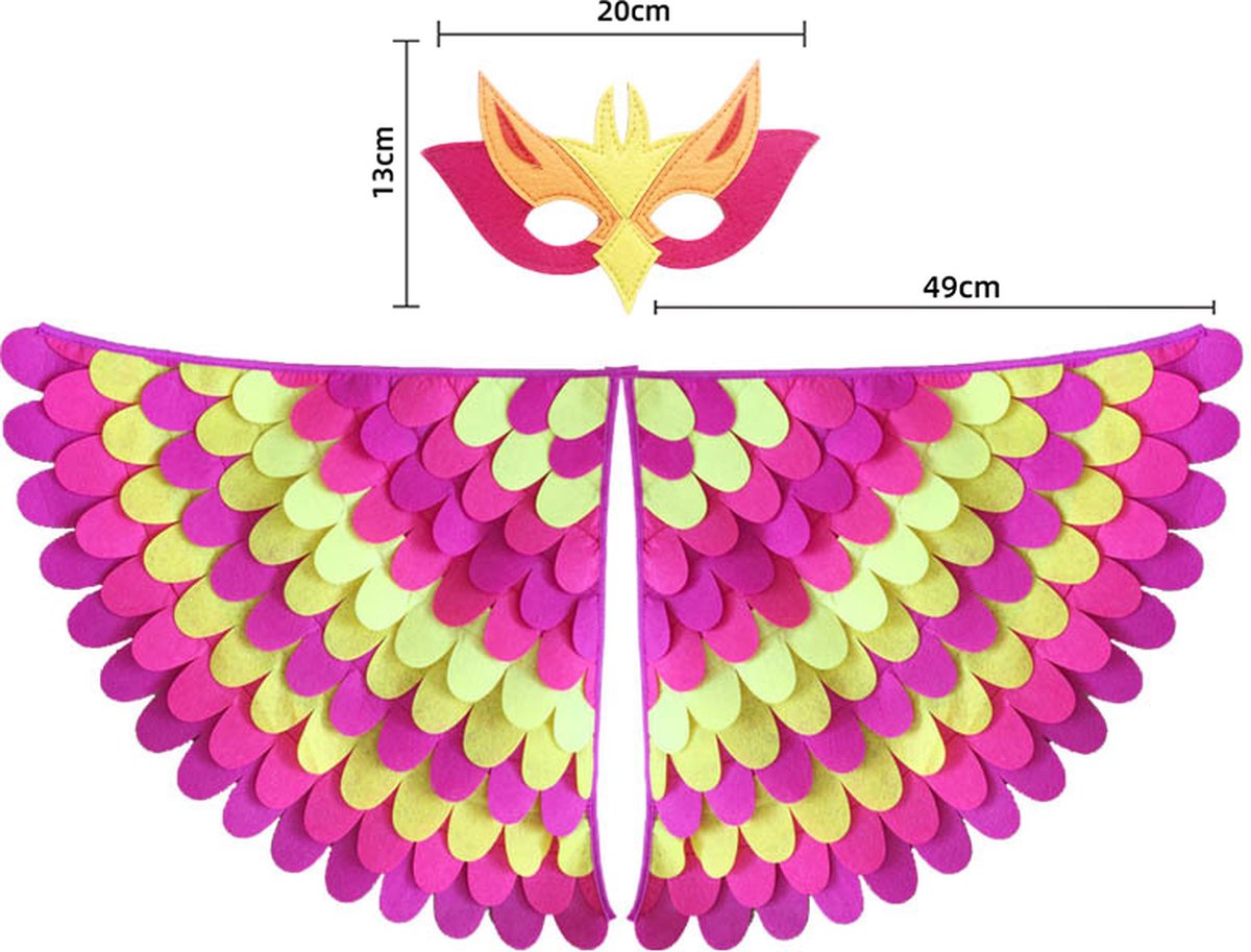 Joya Kids® Vogel Verkleedcape en Masker Fluo Roze en Geel | Cape met Masker van Vilt | Vilten Verkleedset | Verkleden Paradijsvogel | Meisje en Jongen Verkleedkleding | Cape Set | Carnaval en Halloween Outfit Kinderen — afbeelding 4