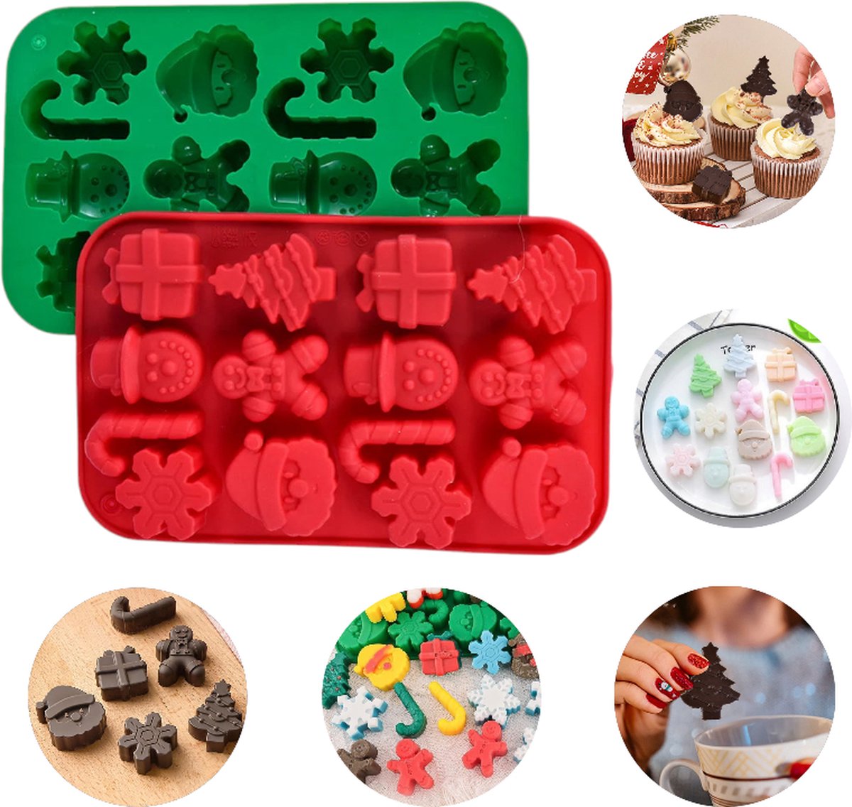 Lynn's set van 2 siliconen bakvormen - Kerstfiguren - 28 holtes - Gebak, snoep, chocolade, ijsblokjes, zeep, kaars, epoxy etc.