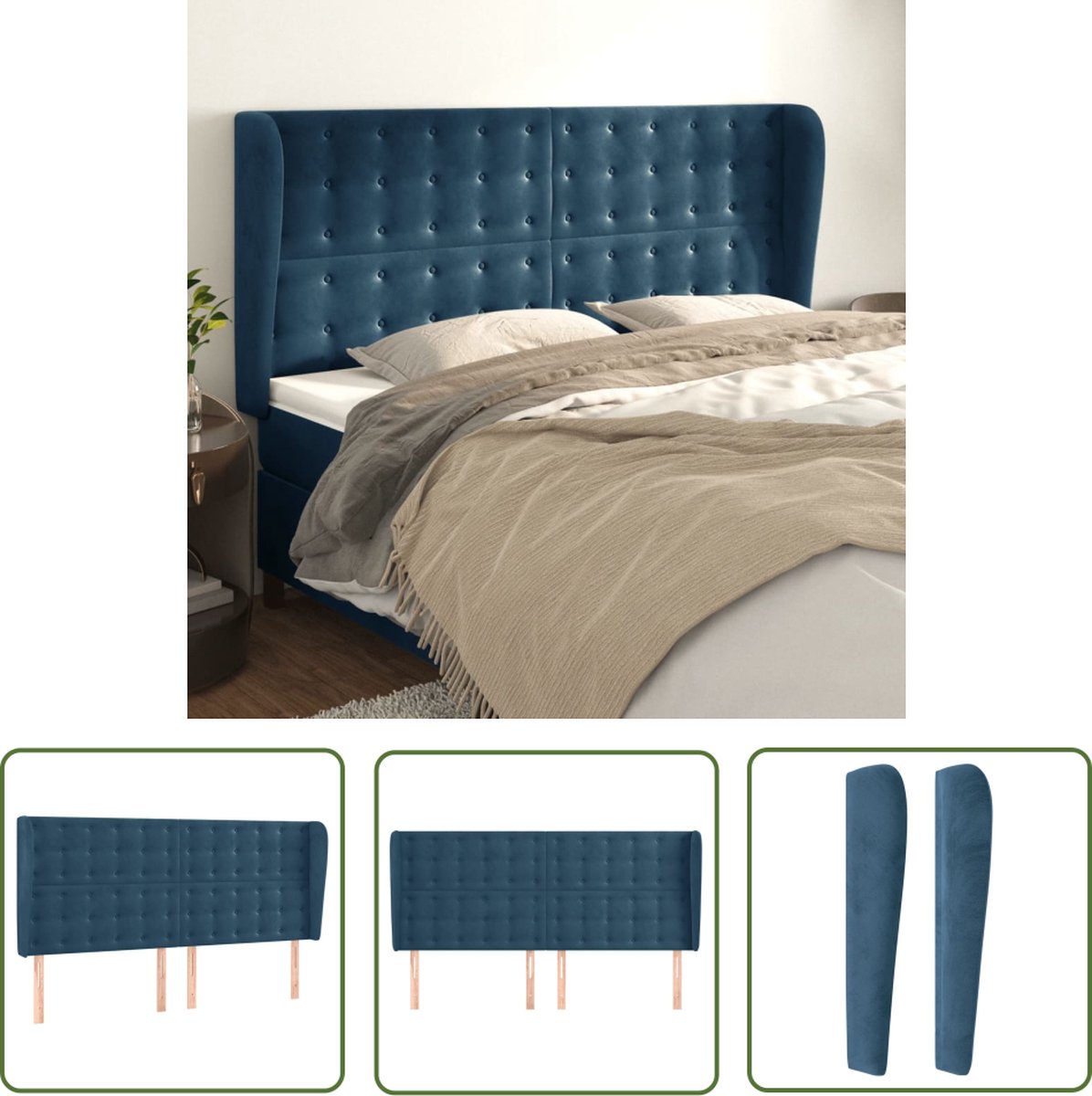 The Living Store Hoofdeind - Donkerblauw - Stof - 163 x 23 x 118/128 cm