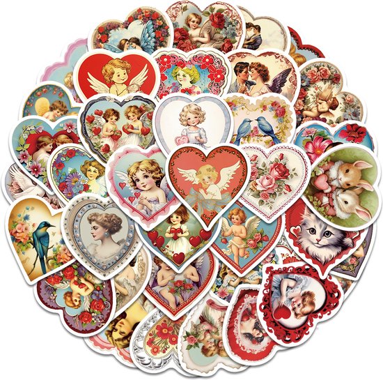 Hartjes Stickers met Engeltjes, Dieren en Bloemen – 50 Hart Stickers in Victoriaans Stijl – 5x5CM – Cupido/Liefde/Valentijn