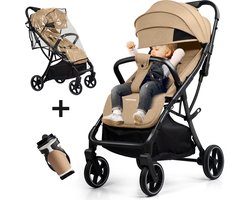 Memores Plooibuggy Khaki- Buggy Inklapbaar Inclusief Regenhoes en Bekerhouder - Peuter - Extra licht & Compact voor Vliegtuig, Auto & OV - Extra Veilig en Wendbaar door Grote Massieve Wielen - Tot 4 jaar - Kinderwagens - Wandelwagen - M1