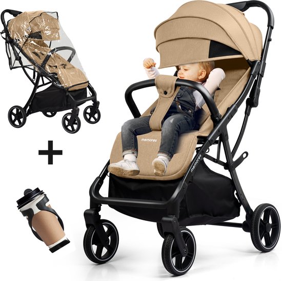 Memores Plooibuggy Khaki- Buggy Inklapbaar Inclusief Regenhoes en Bekerhouder - Peuter - Extra licht & Compact voor Vliegtuig, Auto & OV - Extra Veilig en Wendbaar door Grote Massieve Wielen - Tot 4 jaar - Kinderwagens - Wandelwagen - M1