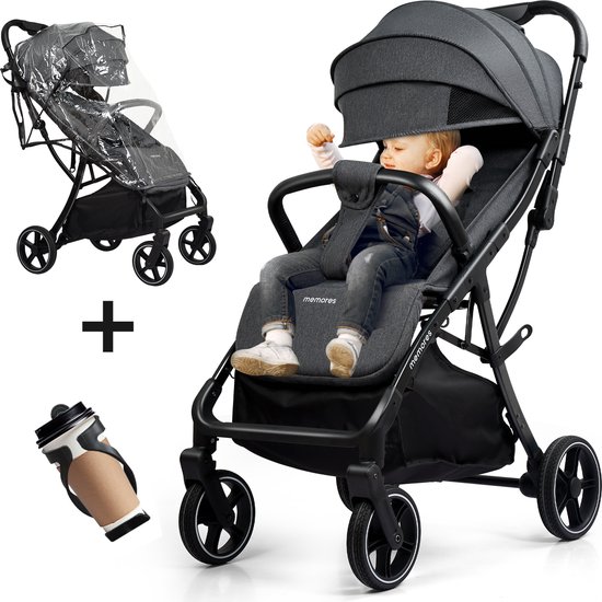 Memores Plooibuggy Grijs- Buggy Inklapbaar Inclusief Regenhoes en Bekerhouder - Peuter - Extra licht & Compact voor Vliegtuig, Auto & OV - Extra Veilig en Wendbaar door Grote Massieve Wielen - Tot 4 jaar - Kinderwagens - Wandelwagen - M1