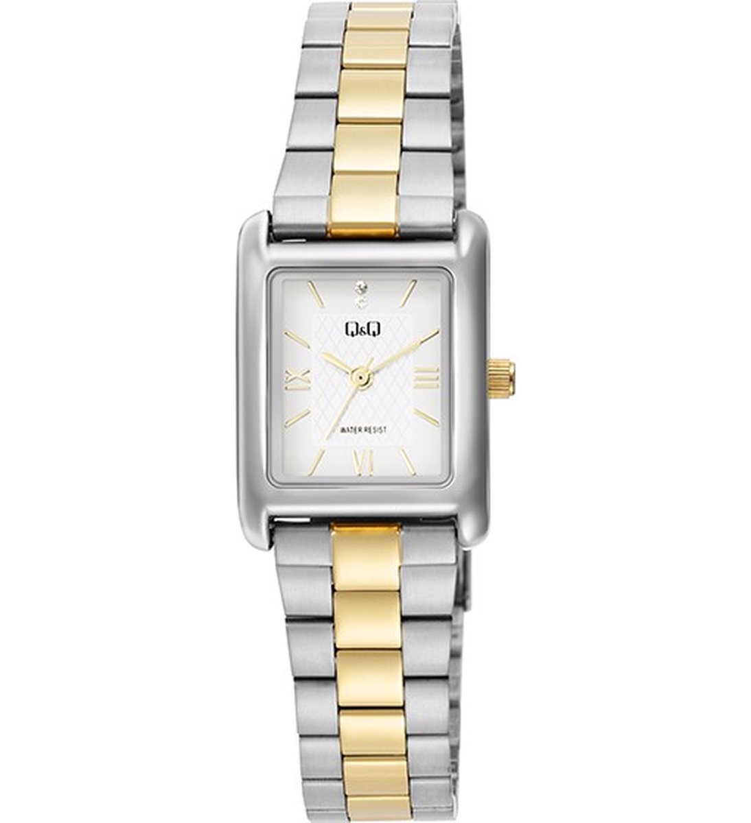 QQ C69A-006PY - Horloge - Polshorloge - Analoog - Dames - Vrouwen - Stalen band - Rechthoek - Metaal - Streepjes - Romeinse Cijfers - Zilverkleurig - Goudkleurig - Wit