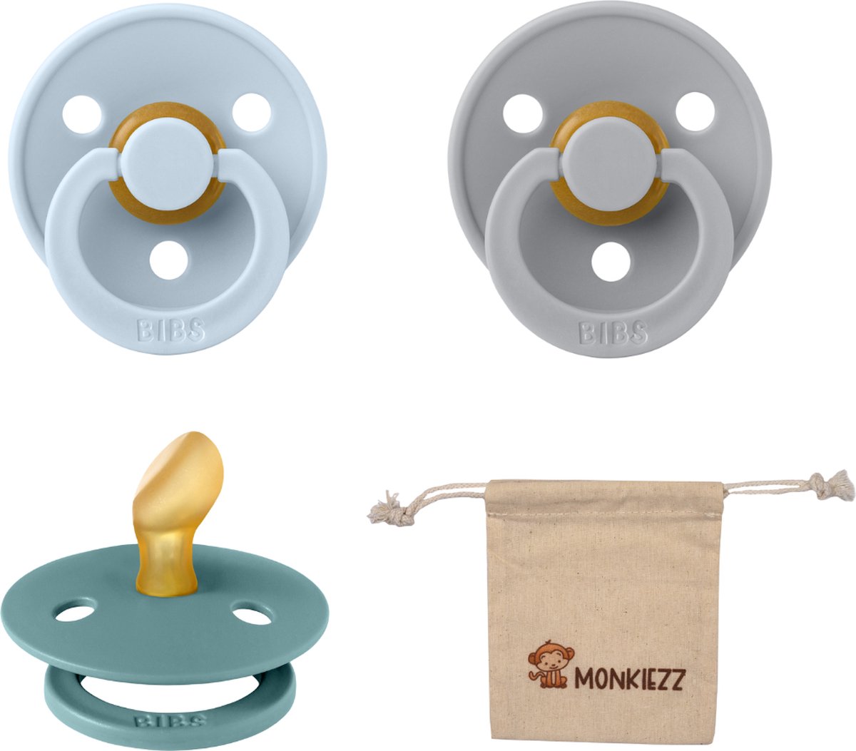 Goedkoopste Bibs Dental fopspenen Anatomical 0-6 maanden- Set 3 stuks- Baby Blue, Island Sea, Cloud Monkiezz speenzakje - orthodontisch- Anatomisch- Maat 1