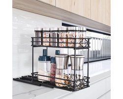 AceYoon 2-niveaus Kruidenrek Organiser RVS Uitschuifbaar Opbergrek - Zonder boren - 3 haken - Voor keukenkastjes - 26x11x22cm