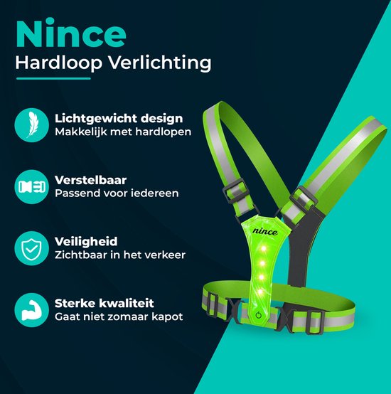 Nince Hardloop Verlichting - LED Hardloopvest USB Oplaadbaar - Reflecterend Veiligheidsvest One Size