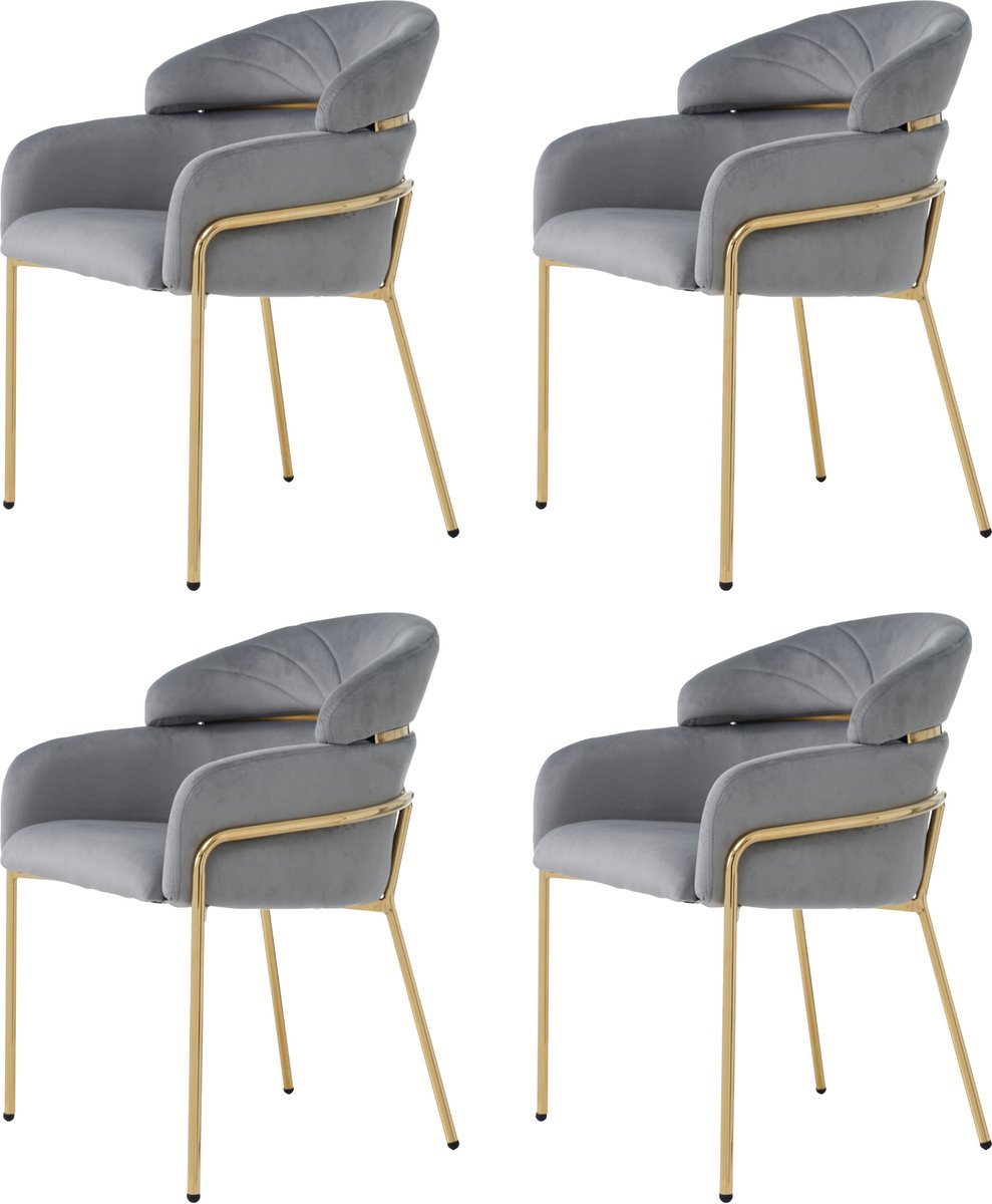 Merax Eetkamerstoelen Set van 4 - Luxe Fluweel - Grijs met Goud