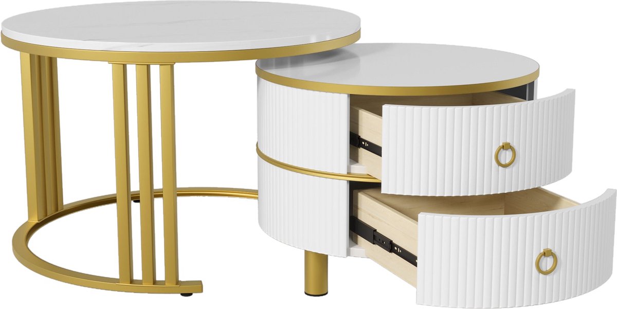 Merax Ronde Salontafel Set van 2 - Marmerlook Wit met Goud - 2 Lades - 70 en 50 cm