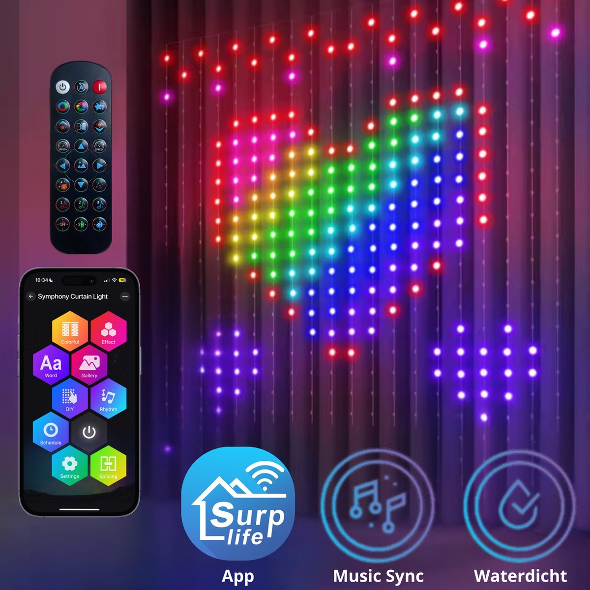 Smart lichtgordijn - 2 x 2 Meter – LED Verlichting - Voor Binnen & Buiten - App & Afstandsbediening – Incl. Ophangmateriaal